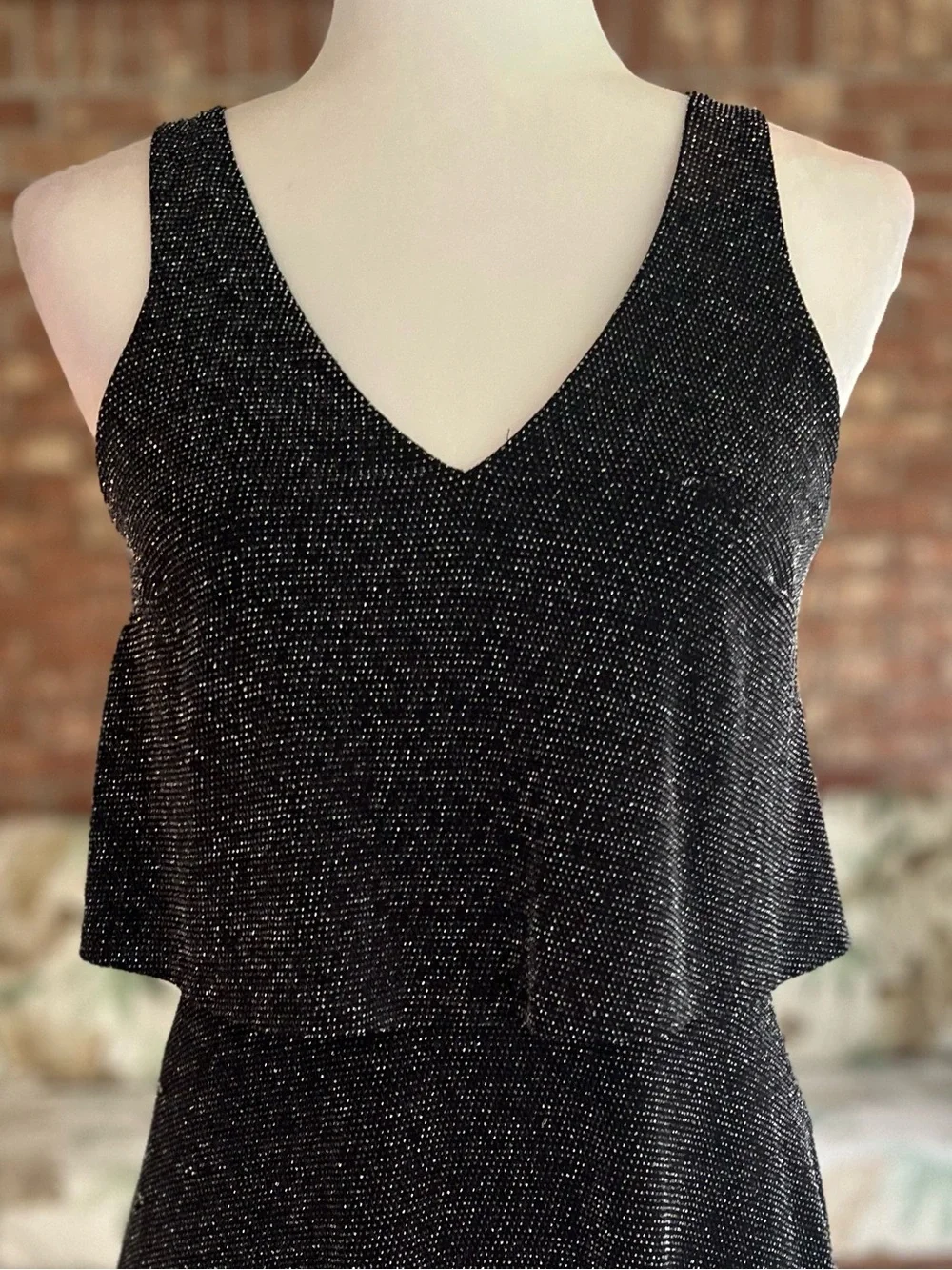 Express Black Silver Metallic Shimmer Layered Knit Mini Dress S Cocktail LBD